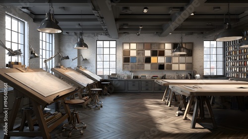 Highly realistic image of an empty architectural drafting room, featuring multiple tilted drafting tables with blank architectural plans.