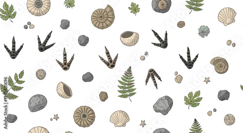 Prehistoric Fossils and Dinosaur Footprints Collection with Shells, Fern Leaves, and Ancient Stones for Paleontology and Natural History Illustration