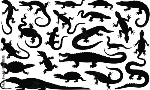 Diverse Collection of Black Silhouettes of Lizards Crocodiles Alligators and Turtles in Various Poses