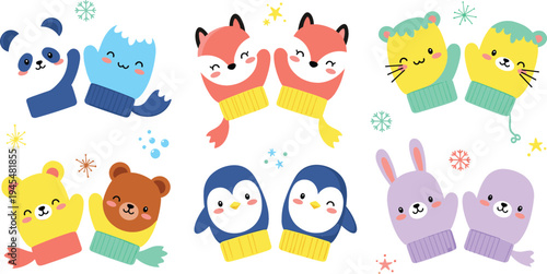 Cute Animal Winter Mittens Collection with Panda, Fox, Penguin, Bear, Bunny, and Cat Characters for Kids Christmas and Cozy Season Illustration
