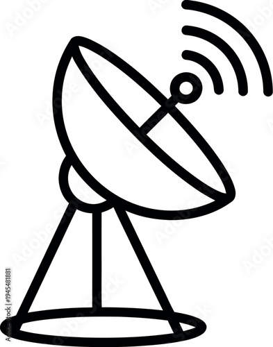 Black line drawing of a satellite dish on a transmitting signals
