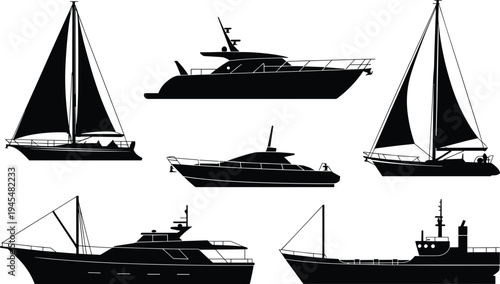 Six black silhouettes of different types of boats on white background call error