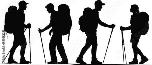 Silhouettes of four hikers with backpacks and trekking poles walking on white background call error