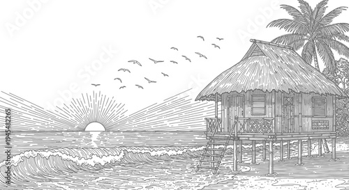 Tropical beach hut, ocean waves, palm tree, sunset, stilt house