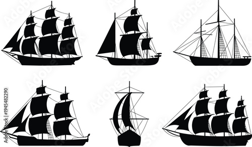 Six black silhouettes of historical sailing ships on white background call error