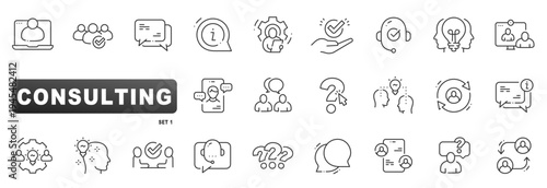 Consulting linear icon set shows business advice, brainstorming