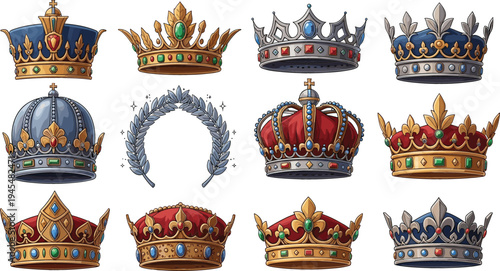 Royal Crown Collection with Gold, Silver, and Jeweled King and Queen Crowns for Medieval Monarchy, Luxury Heraldry, and Fantasy Illustration Design