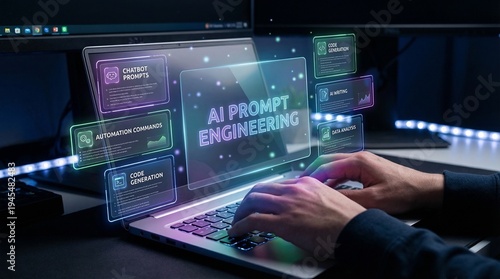 A person working on a laptop with AI prompt engineering software on the screen in a dark room.