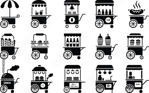 Food Cart Collection Silhouette Icon Set Street Food Cart Typography Silhouette Icon Pack