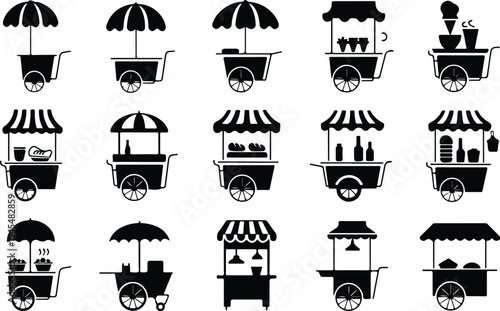 Food Cart Collection Silhouette Icon Set Street Food Cart Typography Silhouette Icon Pack