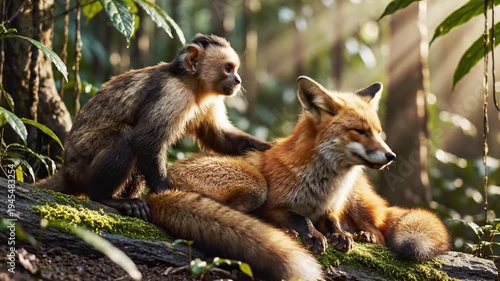 Monkey and Fox Relaxing Together in a Lush Green Forest Environment.