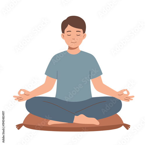 Man meditates peacefully on cushion in serene environment with calm emotions
