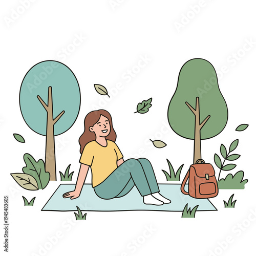 Woman sits on a mat under trees with a backpack nearby in the park.