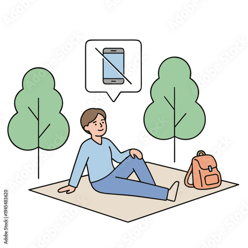 Man relaxing on blanket in park with trees and backpack avoiding phone
