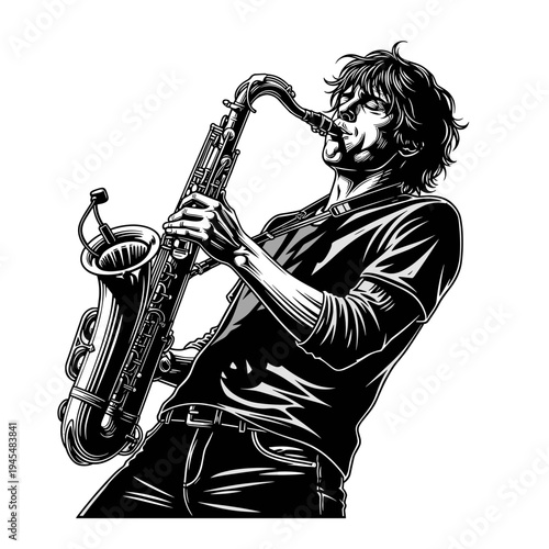 Black and white vector illustration of a musician playing saxophone on transparent background, concept of jazz music  
