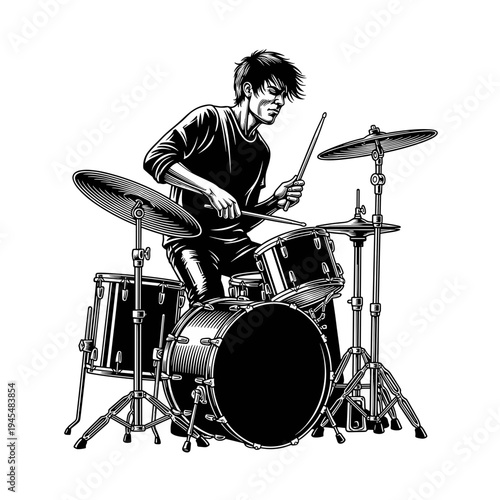 Black and white vector illustration of a musician playing drum set on transparent background, concept of musical performance  