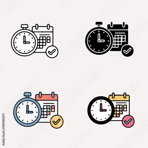 Time management icons set with stopwatch calendar and checkmark sign