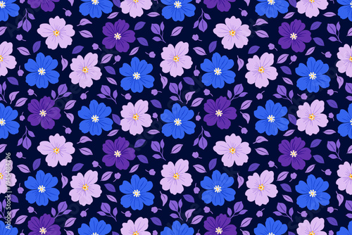 Beautiful seamless floral pattern with blue and purple blossoms scattered on a dark navy background, perfect for elegant textiles and modern botanical designs.