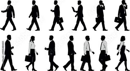 Business people walking silhouettes collection with office workers carrying briefcases using phone and laptop professional vector illustration set