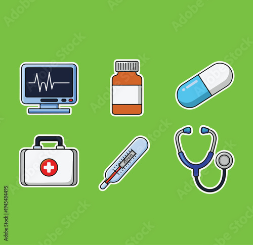 Medical Icon Set with Stethoscope, Heart Rate Monitor, First Aid Kit, and Thermometer on Green Background; Flat Vector Sticker Illustration for Healthcare and Medical Equipment.