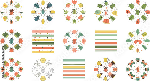 Colorful Insect Mandala Pattern Collection with Beetles, Bees, Snails, and Floral Elements for Decorative Nature Ornament Illustration