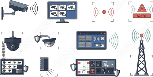 Security surveillance system vector icon set with CCTV cameras, monitoring screens, wireless signals, alert notification, and control panel technology