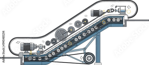 Industrial conveyor belt system vector illustration with mechanical gears, rollers, motors, and automated factory production line machinery