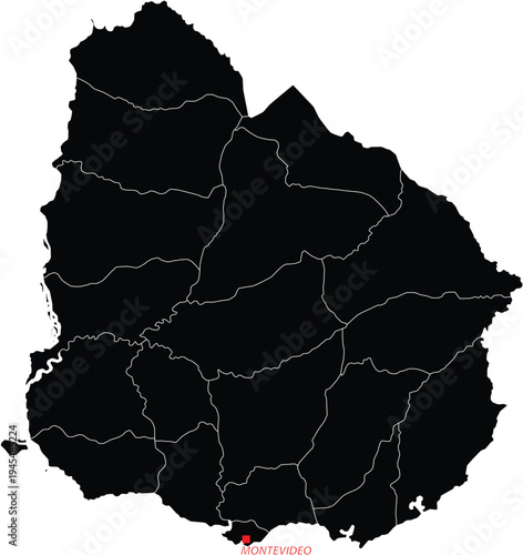 Detailed black vector illustration showing the political map divisions of Uruguay with its capital marked.