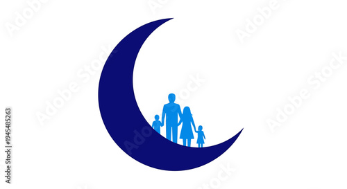 Nighttime Moon Crescent With Family Silhouette Logo. Vector Illustrations. EPS Editable