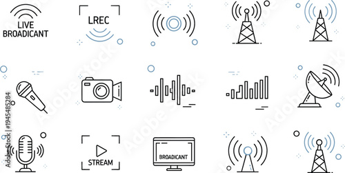 Broadcasting and live streaming icon set with microphone, camera, radio tower, satellite dish, audio waveform, and digital media transmission symbols
