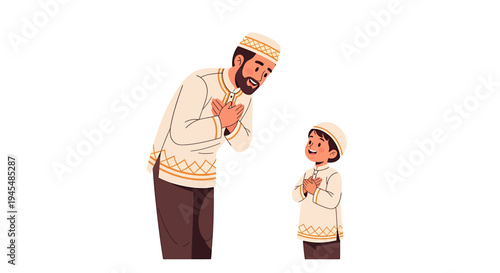 Older and Younger Men Share Respectful Traditional Greeting. Vector Illustrations. EPS Editable