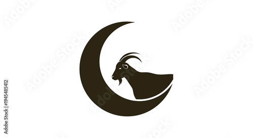 Goat Silhouette Perched on Crescent Moon at Night. Vector Illustrations. EPS Editable