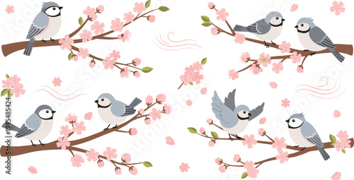 Cute birds on cherry blossom branches vector set with spring sakura flowers, flying birds, petals, and decorative nature illustration elements