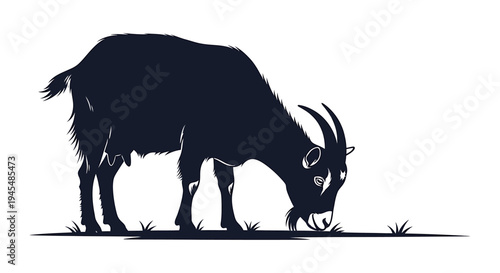 Grazing Silhouette of a Goat in Quiet Field. Vector Illustrations. EPS Editable