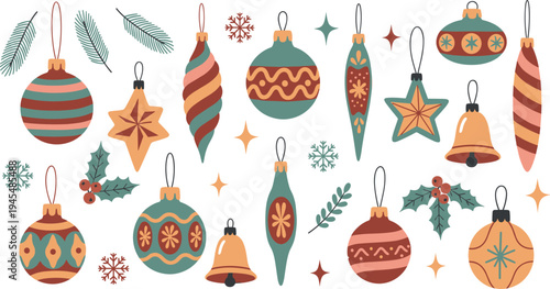 Christmas tree ornaments collection with festive baubles stars bells holly leaves snowflakes and winter holiday decorations vector set