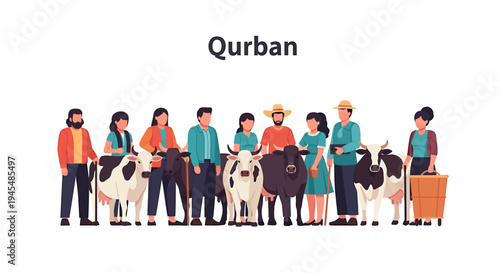 Group Attending Qurban Ceremony with Cattle and Goats. Vector Illustrations. EPS Editable