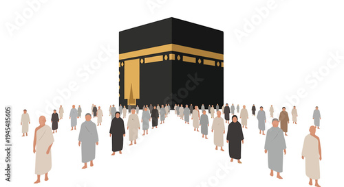 Hundreds of Pilgrims Gather Around the Kaaba in Mecca. Vector Illustrations. EPS Editable