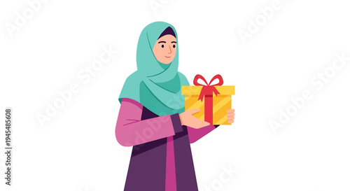 Illustrated Woman in Hijab Presents Gift. Vector Illustrations. EPS Editable