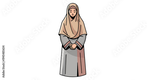 Illustration of a modest woman in traditional robe and hijab. Vector Illustrations. EPS Editable