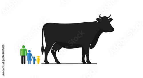 Large Black Cow Beside Small Family Silhouettes Walking. Vector Illustrations. EPS Editable