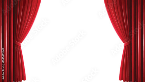 Red velvet curtains tied back isolated on white background