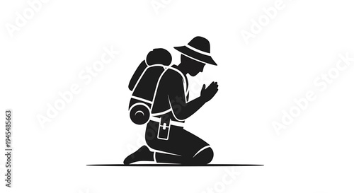 Kneeling Hiker with Backpack in Quiet Outdoors Silhouette. Vector Illustrations. EPS Editable