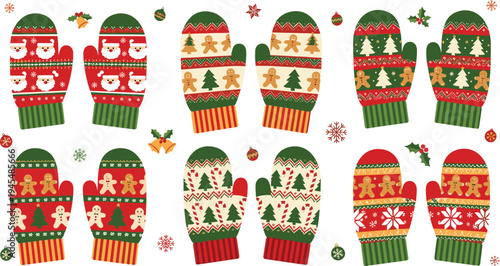 Cute Christmas Winter Mittens Collection with Gingerbread, Snowflakes, Trees, and Holiday Patterns for Festive Seasonal Illustration Design