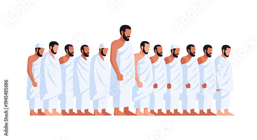 Line of men in white robes marching in orderly procession. Vector Illustrations. EPS Editable