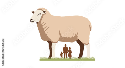 Large Sheep With Humans In Pasture Scene For Farm Photography. Vector Illustrations. EPS Editable