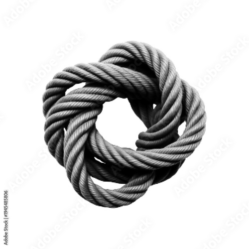 Twisted rope knot forming circular shape in monochrome halftone style. Symbol of connection, unity, strength and teamwork isolated on light background, conceptual design element.