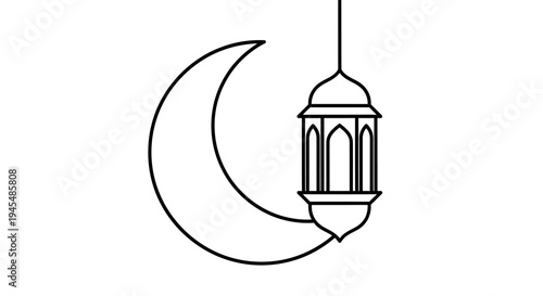 Minimal Night Scene with Crescent Moon Lantern Hangings. Vector Illustrations. EPS Editable