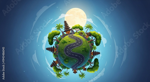 Miniature Globe with Temple and Lush Greenery Showcasing a Serene Island Paradise