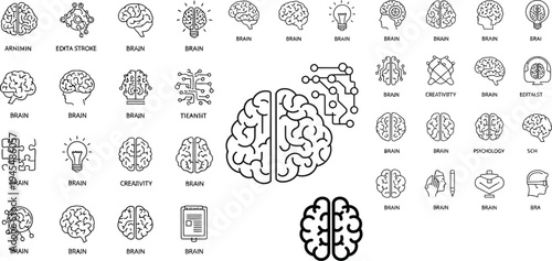 Set of 40 brain icons vector, black and white illustrations