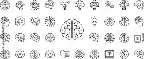 Set of 30 brain icons vector, line style, black and white